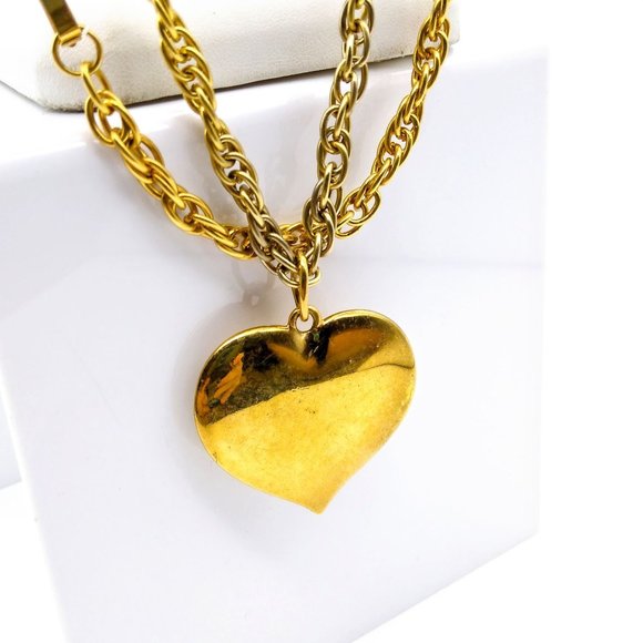 Vintage Brass Heart Pendant Necklace with Long Gold Tone Rope Chain, Flair - Picture 3 of 3
